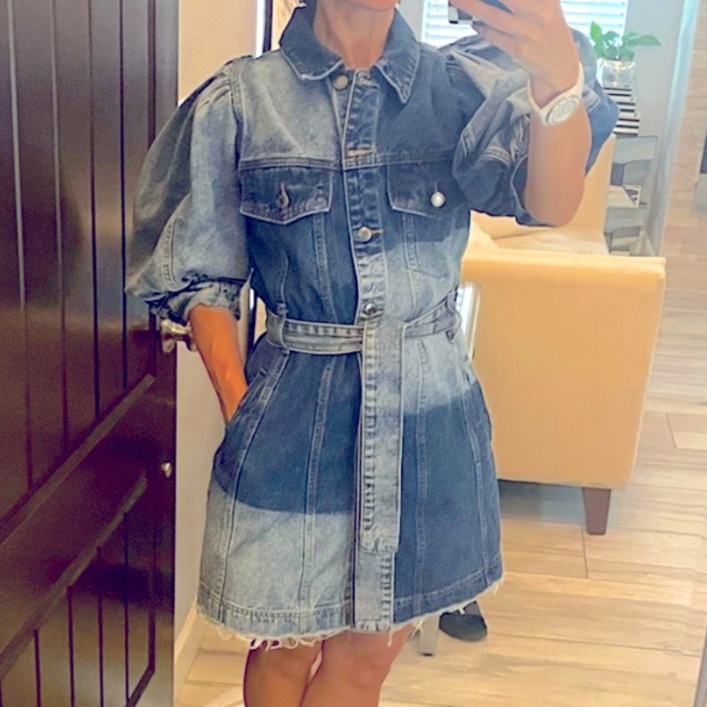 Puff Sleeve patchwork denim dress S M belted